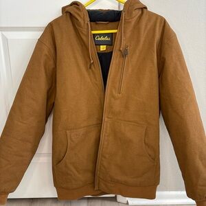 Mens M Cabela’s Tan Brown Canvas Barn Chore Hooded 3M Thinsulate Lined Coat